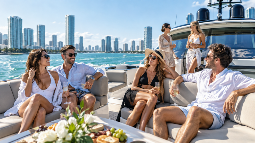 Group of friends relaxing on a luxury yacht in Miami during the day with the city skyline in the background