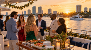 Coworkers socialize on a yacht deck overlooking the Fort Lauderdale waterfront at sunset.